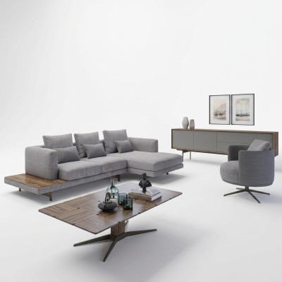 Living room sofa set 3-piece upholstered furniture corner sofa armchair wood coffee table