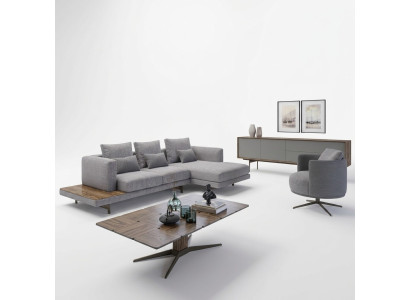 Living room sofa set 3-piece upholstered furniture corner sofa armchair wood coffee table