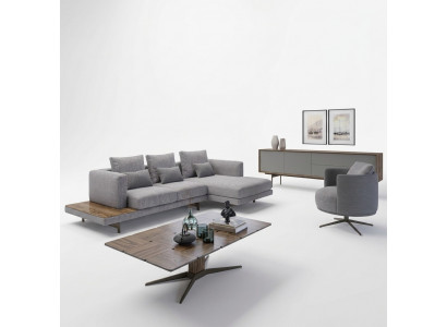 Living room sofa set 3-piece upholstered furniture corner sofa armchair wood coffee table