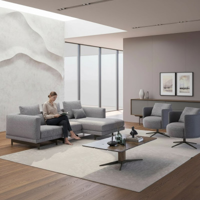 Living room complete 4-piece set: 2x armchairs with L-shaped corner sofa, designer wooden coffee table