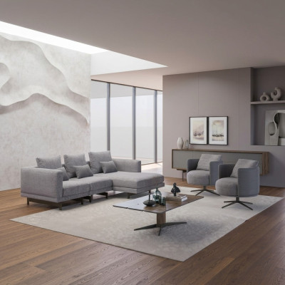 Living room complete 4-piece set: 2x armchairs with L-shaped corner sofa, designer wooden coffee table
