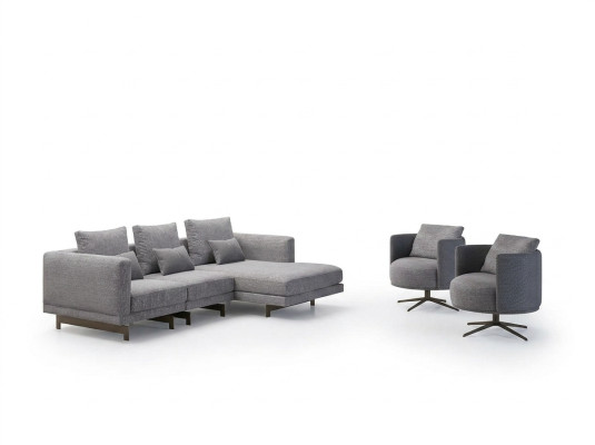 Living room complete 4-piece set: 2x armchairs with L-shaped corner sofa, designer wooden coffee table