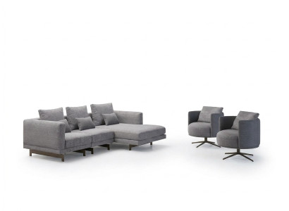 Living room complete 4-piece set: 2x armchairs with L-shaped corner sofa, designer wooden coffee table