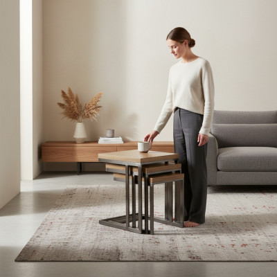 Living room 3x side table luxury wood table stainless steel design furniture furnishing