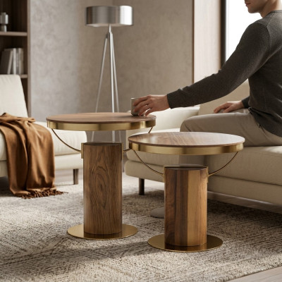 2x Round Side Table Brown Living Room Coffee Table Modern Design