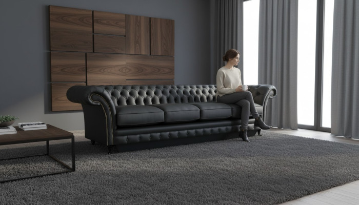 Black Chesterfield Living Room Sofa, Four-Seater, Modern Design, New