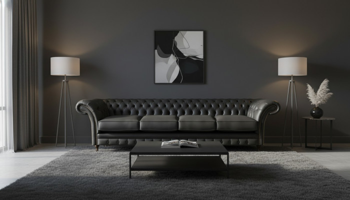 Black Chesterfield Living Room Sofa, Four-Seater, Modern Design, New