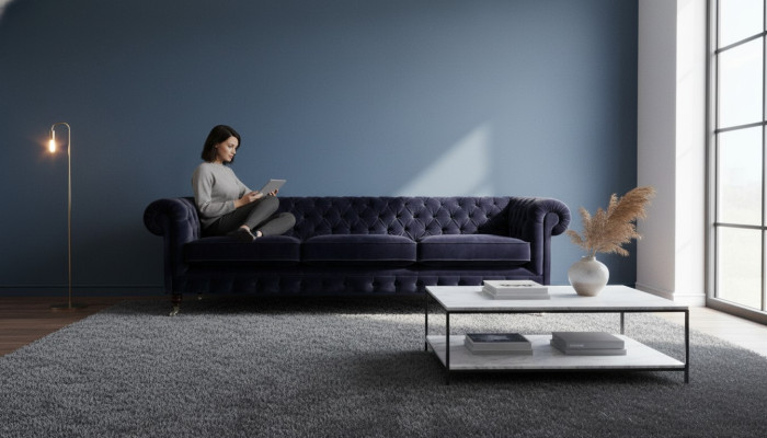 Blue sofa three-seater living room upholstered furniture sofas textile upholstery Chesterfield