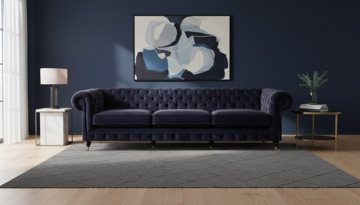 Blue sofa three-seater living room upholstered furniture sofas textile upholstery Chesterfield