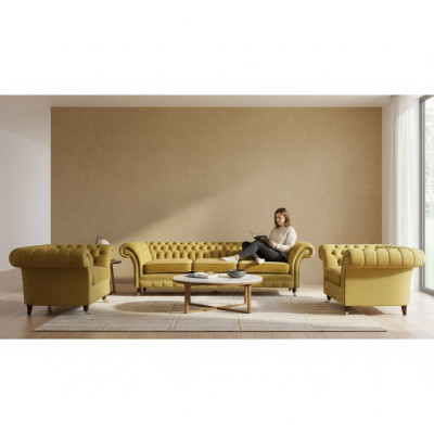 Yellow sofa set living room complete 3-piece sofas fabric armchair new Chesterfield