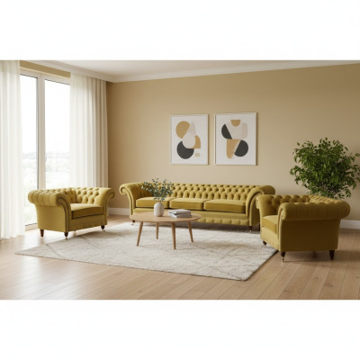 Yellow sofa set living room complete 3-piece sofas fabric armchair new Chesterfield