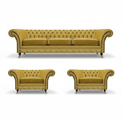 Yellow sofa set living room complete 3-piece sofas fabric armchair new Chesterfield
