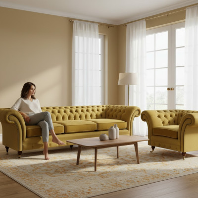 Chesterfield Luxury Set Upholstered Furniture Sofa Three-Seater with Armchair Living Room