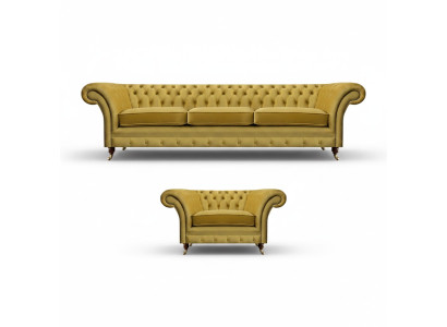 Chesterfield Luxury Set Upholstered Furniture Sofa Three-Seater with Armchair Living Room