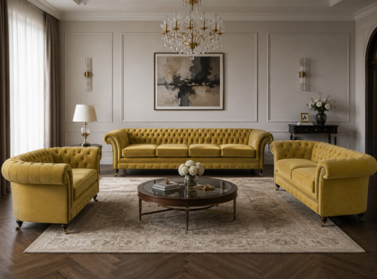 Luxury Yellow Chesterfield Sofas Living Room Set 3-piece Armchair Modern Upholstered Furniture