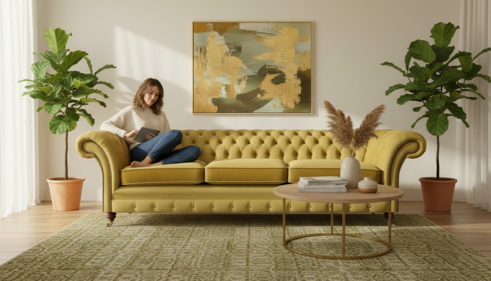 Chesterfield New Luxury Sofa Three-Seater Upholstered Furniture Modern Yellow Textile