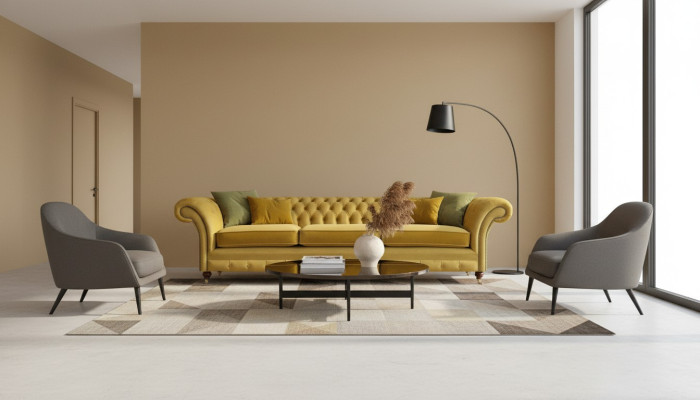 Chesterfield New Luxury Sofa Three-Seater Upholstered Furniture Modern Yellow Textile