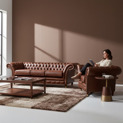 Brown Set 2-piece Three-seater Sofa Leather Armchair Chesterfield Living Room