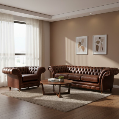 Brown Set 2-piece Three-seater Sofa Leather Armchair Chesterfield Living Room