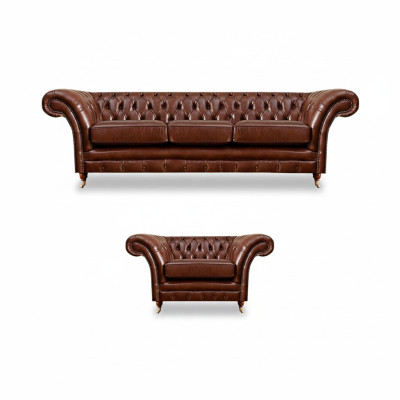 Brown Set 2-piece Three-seater Sofa Leather Armchair Chesterfield Living Room