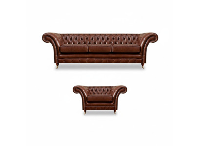 Brown Set 2-piece Three-seater Sofa Leather Armchair Chesterfield Living Room
