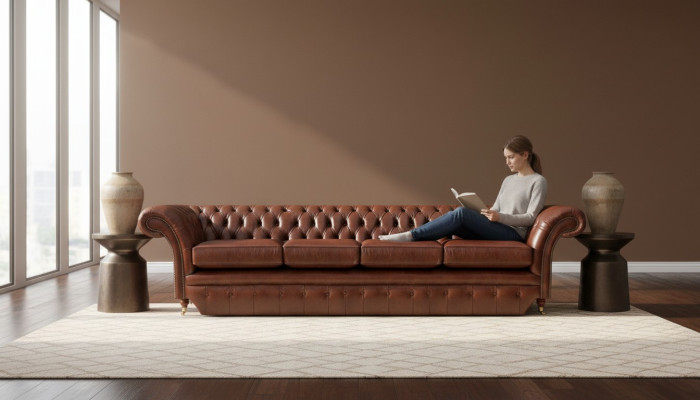 Brown Sofa Four-Seater Chesterfield Couch Living Room Upholstered Furniture New