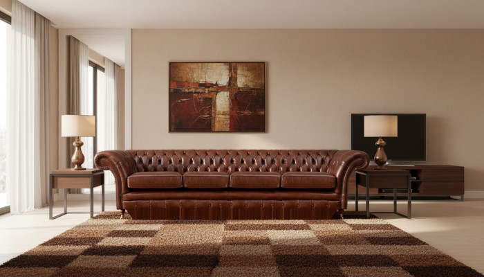Brown Sofa Four-Seater Chesterfield Couch Living Room Upholstered Furniture New