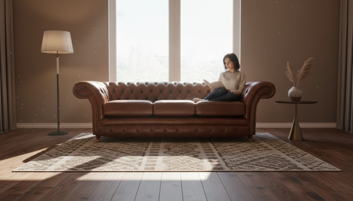 Three-seater sofa, Chesterfield style upholstery furniture, leather upholstered seat.