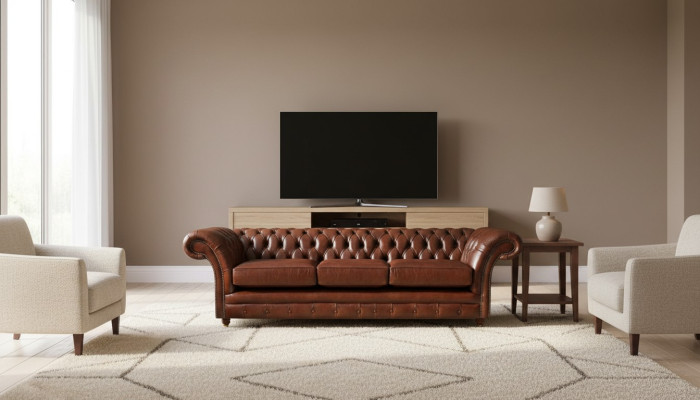 Three-seater sofa, Chesterfield style upholstery furniture, leather upholstered seat.
