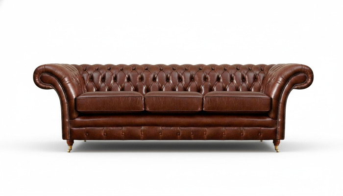 Three-seater sofa, Chesterfield style upholstery furniture, leather upholstered seat.