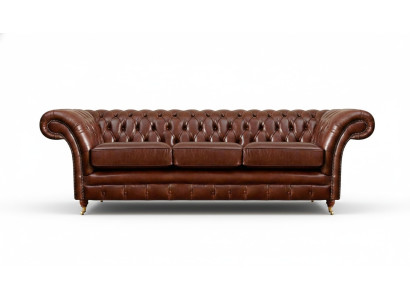 Three-seater sofa, Chesterfield style upholstery furniture, leather upholstered seat.