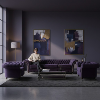Living Room Luxury Set 3-piece Furniture Purple Complete Upholstered Furniture Chesterfield