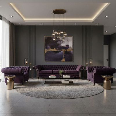 Living Room Luxury Set 3-piece Furniture Purple Complete Upholstered Furniture Chesterfield