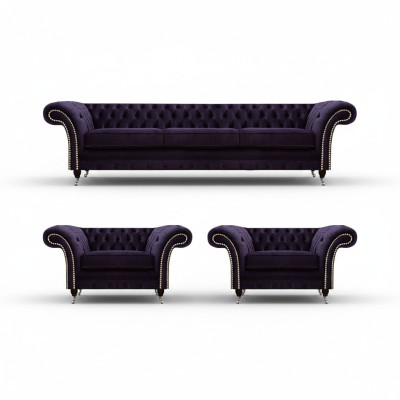 Living Room Luxury Set 3-piece Furniture Purple Complete Upholstered Furniture Chesterfield