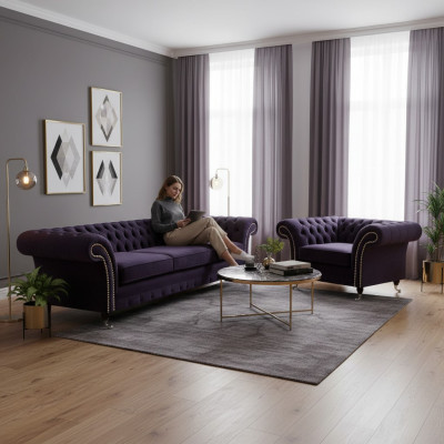 Complete Set 2-piece Three-seater Sofa Chesterfield Purple Armchair Living Room New