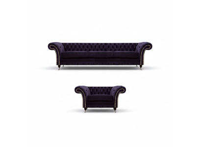 Complete Set 2-piece Three-seater Sofa Chesterfield Purple Armchair Living Room New