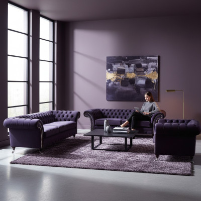 Upholstered Living Room Set 3-Piece Chesterfield Fabric Sofas Armchair Furniture