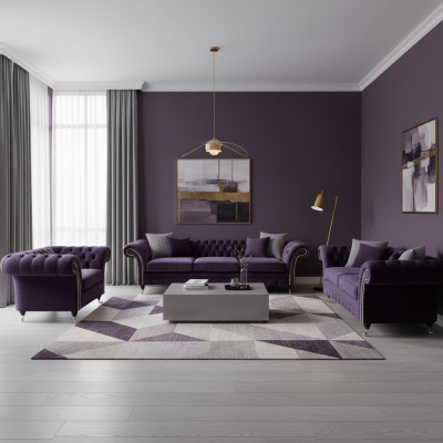 Upholstered Living Room Set 3-Piece Chesterfield Fabric Sofas Armchair Furniture