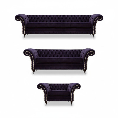 Upholstered Living Room Set 3-Piece Chesterfield Fabric Sofas Armchair Furniture