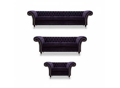 Upholstered Living Room Set 3-Piece Chesterfield Fabric Sofas Armchair Furniture