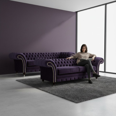 Purple sofa set three-seater with two-seater sofas luxury chesterfield upholstery