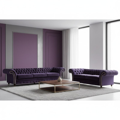 Purple sofa set three-seater with two-seater sofas luxury chesterfield upholstery