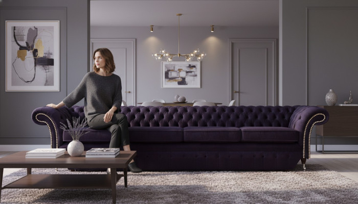Upholstered Textile Purple Living Room Chesterfield Four-Seater Sofa Couch Upholstered Furniture