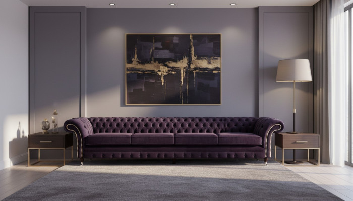 Upholstered Textile Purple Living Room Chesterfield Four-Seater Sofa Couch Upholstered Furniture