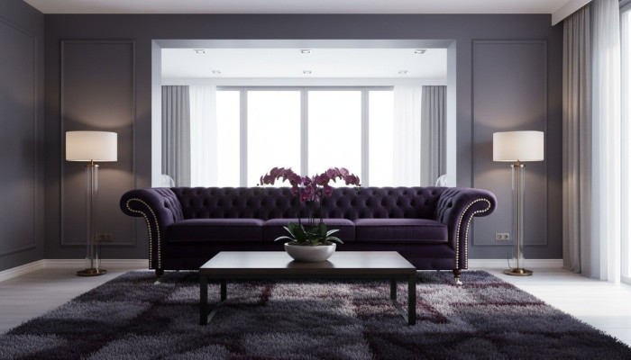 Design Chesterfield Living Room Three-Seater Sofa Couch Purple Upholstered Furniture