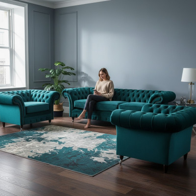 Green Sofa Set 3-Piece Living Room Chesterfield Upholstered Furniture Luxury Design New