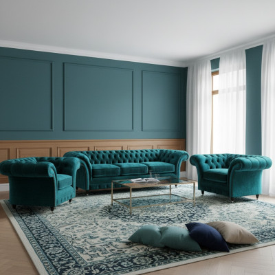 Green Sofa Set 3-Piece Living Room Chesterfield Upholstered Furniture Luxury Design New