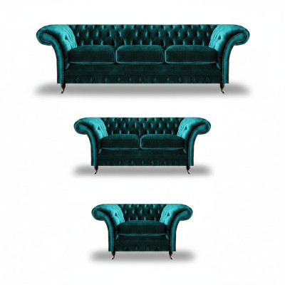 Green Sofa Set 3-Piece Living Room Chesterfield Upholstered Furniture Luxury Design New