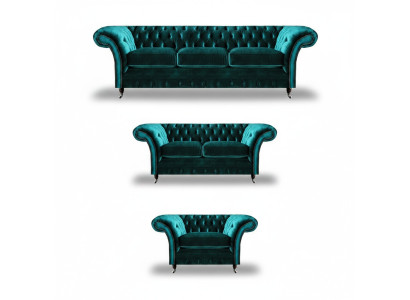 Green Sofa Set 3-Piece Living Room Chesterfield Upholstered Furniture Luxury Design New