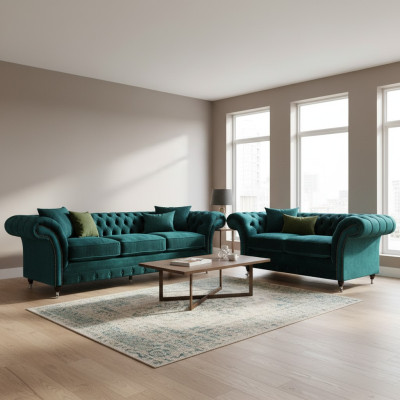 Chesterfield Luxury Design Green Three-Seater with Two-Seater Sofas